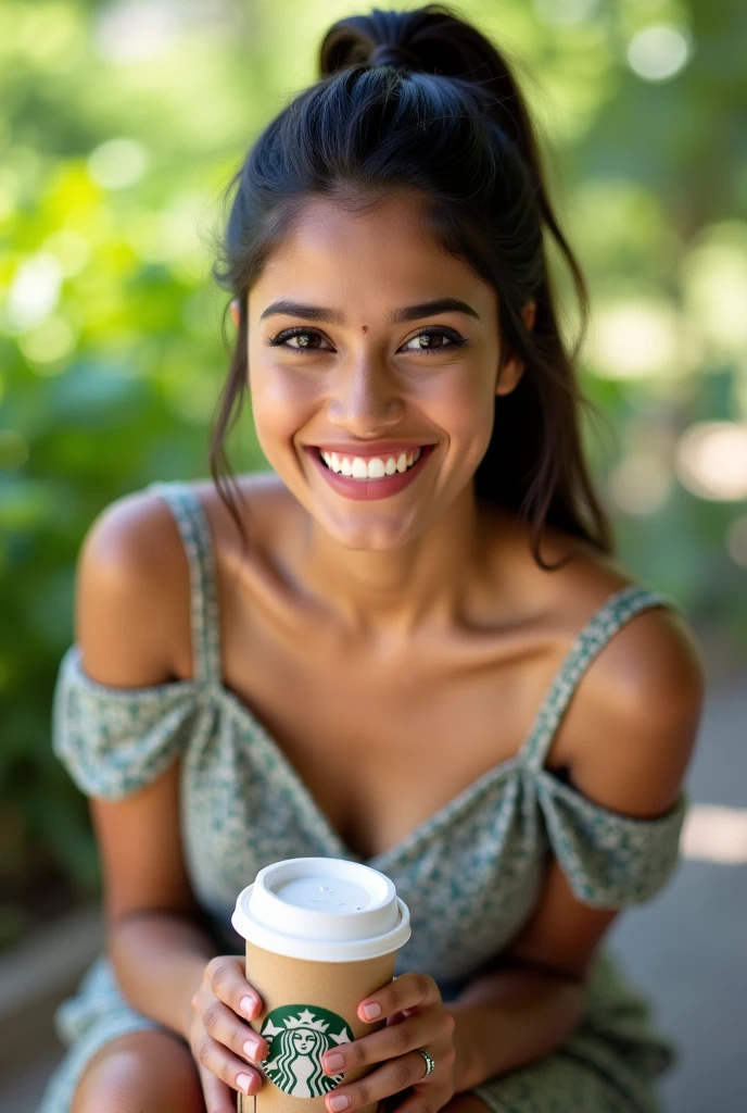 The person is a 40-year-old woman, light brown skin like cinnamon, black hair that reaches her back , wavy fur, She is chubby and loves coffee and sunflowers., You can do it with a representative dress and some earrings. 