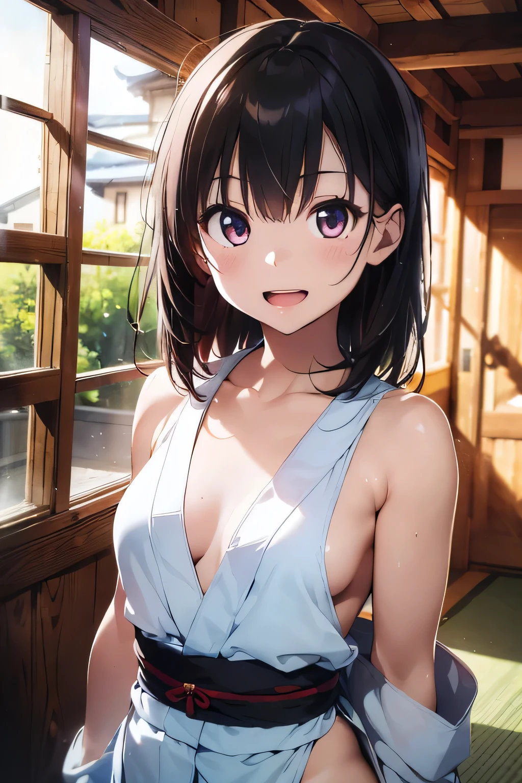 (extremely high quality artwork), (extremely detailed CG 8k), (masterpiece) ,(extremely cute girl), short, (innocent face), ((innocent smile)), shiny hair, (slim body), (small breasts), ((finely detailed beautiful eyes)), (eyes with brightness), look at viewer, ((nsfw)), ((japanese kimonos)), no bra, ((side boob)), (((lower body is completely naked))), (((no panties))), beautiful skin, pale skin, shiny skin, (bright color), vibrant colors, natural light, (glare), ((((((open mouth)))))), 