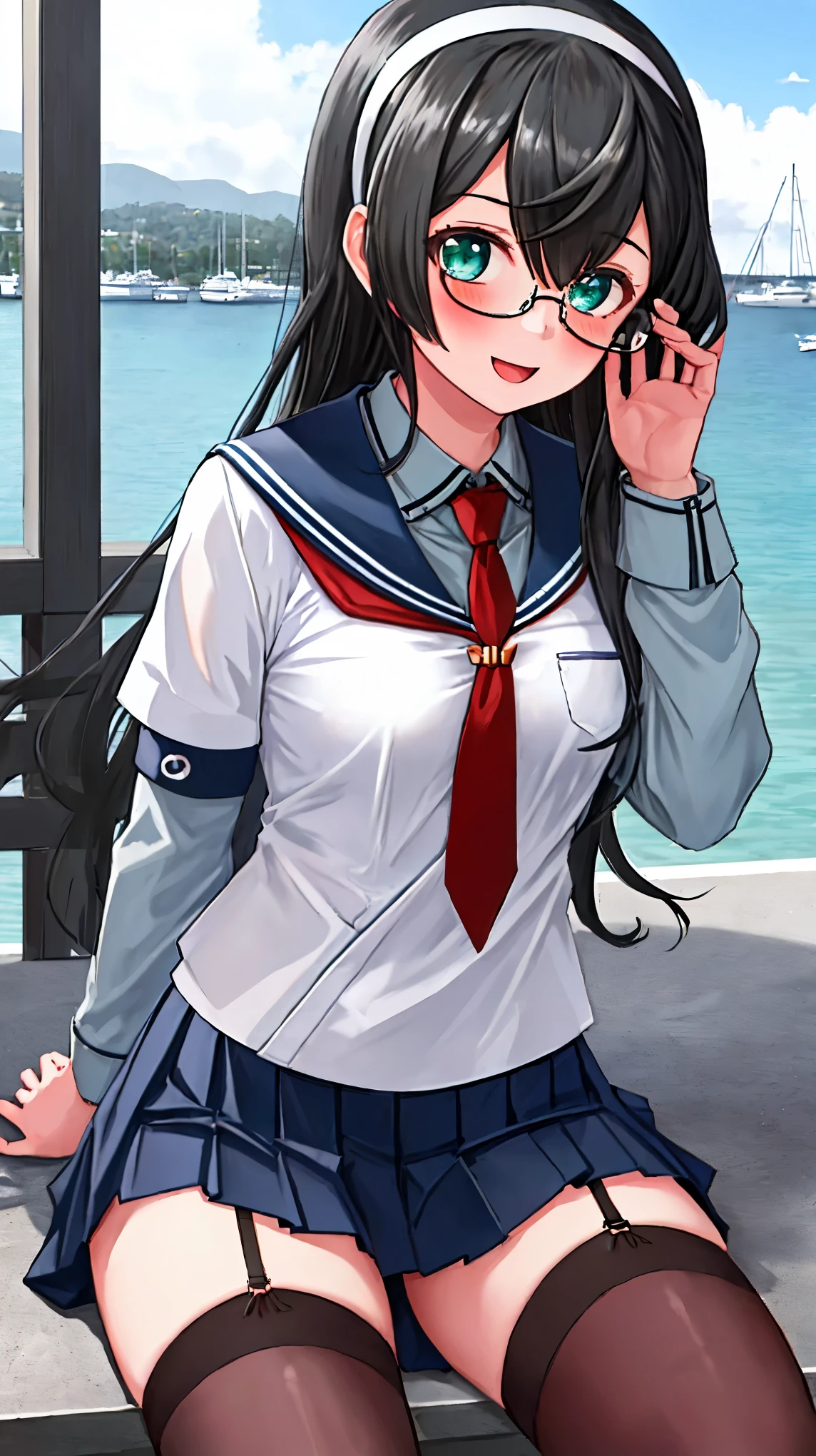 best quality, masterpiece, highres, solo, {ooyodo_kantaicollection:1.15}, black_hair, long_hair, glasses, hairband, semi-rimless_eyewear, under-rim_eyewear, blue_eyes, green_eyes, blush,small_breasts, 1girl, school_uniform, serafuku, pleats_skirt, looking_at_viewer, necktie, harbor_town_background, red_necktie,(angry:0.7),light_smile,thigh-highs,solo,sitting,light_open_mouth,
