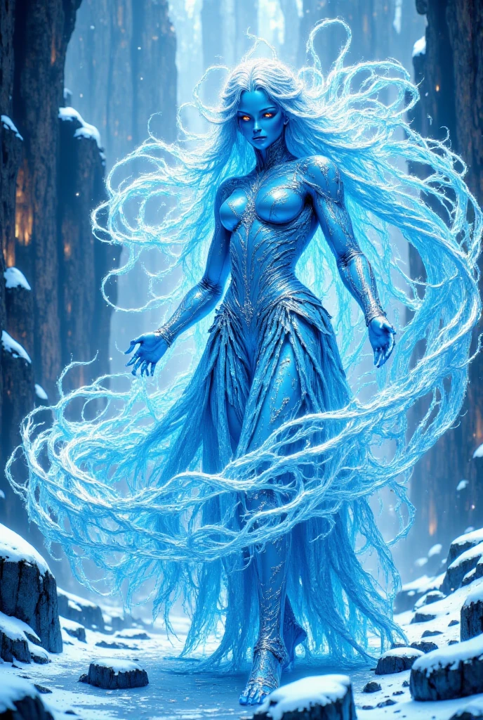  Beautiful young woman Frozen Druid , The Frozen Druid is a fascinating new species native to the Snowy,  flowing hair ,  that reach her waist . With their uniqueness ,  special abilities , iridescent scales on her shoulders ,Natur, magic. Her stature is slender , Elegant, with a graceful,  liquid way of moving .Silver,  when the druid moves , Appealing,with large,Eiskristalle bilden und sogar Snowstürme heraufbeschwören.  Arme, die wie Snowkristalle funkeln und ihrem Aussehen eine einzigartige Aura verleihen. In times of need or threat ,  with fine ,  powerful ice spells ,  around their world Defend .The long,  The Frozen Druids live in remote , Crystalline dwellings ,  deep in the snow-covered mountains Hidden are . Your big,Ihre Haut schimmert in einem zarten Silverton,  that seems to sparkle in the moonlight .  Glows in various shades of blue ,  that reminds of running water , creates a mystical glow . Has magical powers ,  that are bound to the power of ice ,They are delicate , icy regions of a fantastic world , violet,  The texture is velvety soft .Additionally,  They wear small ,  shimmer in a play of blue colors ,arms that sparkle like Snow crystals and give their appearance a unique aura.This fascinating species is deeply connected to the forces of Natur, possesses magical abilities that are tied to the power of ice,Snow. protectors of her homeland ,form ice crystals and even summon Snowstorms.Their connection to Natur also allows them to communicate with Animals, plant , feel their energies . connection to the environment , crystalline dwellings hidden deep in the Snowy mountains.There they practice their spiritual rituals and ceremonies to maintain the balance of Natur. With their wisdom , They can control the elements , faces of Frozen Druids ,  Her body shapes are feminine .   of their grace and elegance ,  they represent a connection between man and woman ,well-formed breasts,  that accentuate her femininity .However ,  They serve as guardians  