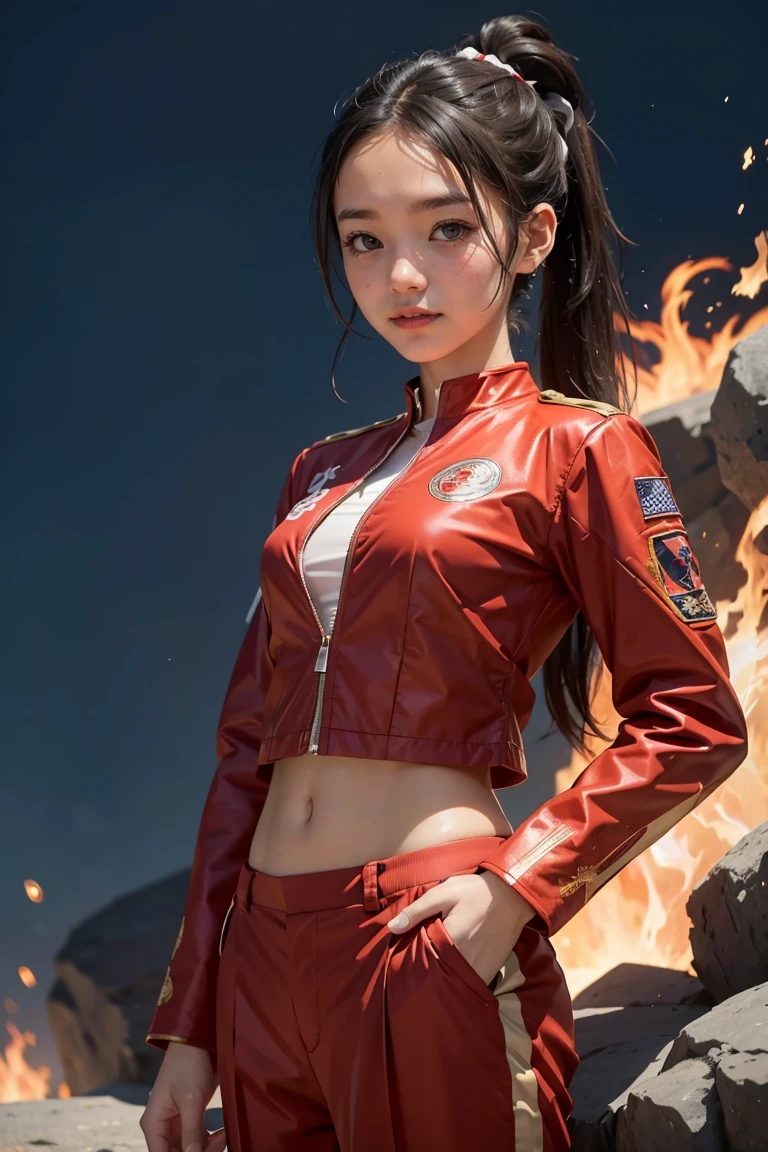 arafed woman in a red bikini and black jacket running through a fire, wojtek fus, badass anime 8 k, by Raymond Han, ross tran 8 k, on fire, [ trending on cgsociety ]!!, explosion in the background, by Victor Wang, beautiful digital artwork, sexy girl.