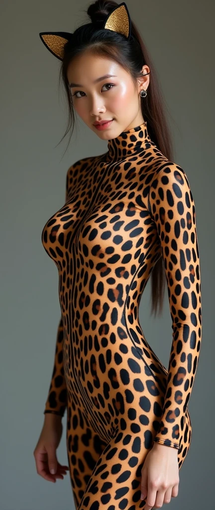 the beautiful,slender thin and prettiest Asian and Malaysian muslimah adult girl with beautiful cheeks wears leopard print lycra turtleneck unitard catsuit covered with seamless stripes and always wear leopard print lycra elastane stretchy dance wear hijab covered with seamless stripes.She has beautiful lips