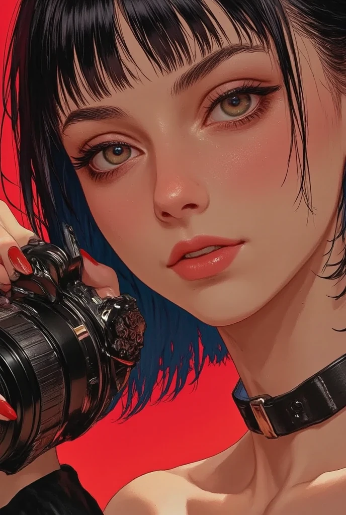  anatomically correct、Beautiful nails、electric red  color nail,Shiny nails 、focus on her eye,very closed up her face,boyish girl with short hair, black hair, detail eyes, nose, lips and, Plain clothing,Half of a woman's face while holding a camera , camera( top quality ,4K,8k, high resolution,masterpiece:1.2), ultra detail,high resolution, Studio Lighting , very detailed face and body , Portrait, ultra aesthetic scenery, anime background, ultra quality composition, beautiful nature,cinematic lighting ,Dramatic lighting,Warm tones,Dramatic Colors,illustration, Dark colors, stylish anime ,
