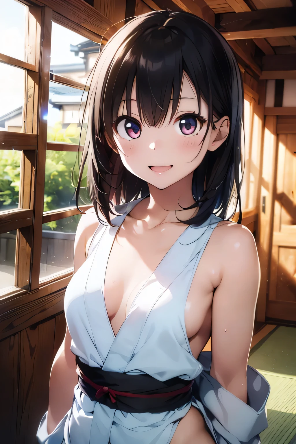 (extremely high quality artwork), (extremely detailed CG 8k), (masterpiece) ,(extremely cute girl), short, (innocent face), ((innocent smile)), shiny hair, (slim body), (small breasts), ((finely detailed beautiful eyes)), (eyes with brightness), look at viewer, ((nsfw)), ((japanese kimonos)), no bra, ((side boob)), (((lower body is completely naked))), (((no panties))), beautiful skin, pale skin, shiny skin, (bright color), vibrant colors, natural light, (glare), ((open mouth)), 