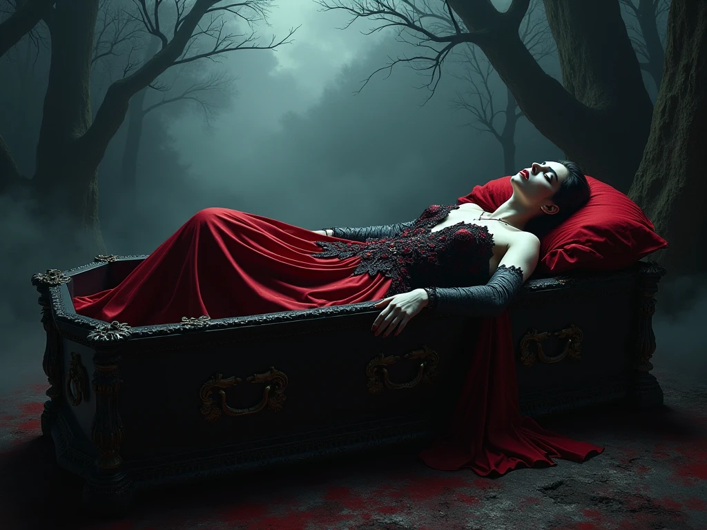 Relistic photography of a woman lying on a bed of blood with a rose garden in the background, Horrible background, horror!! Highly detailed, cursed images, still from animated horror movie, Gapmoe Yandere, Laying on roses, Detailed digital art, Her eyes bleed intensely