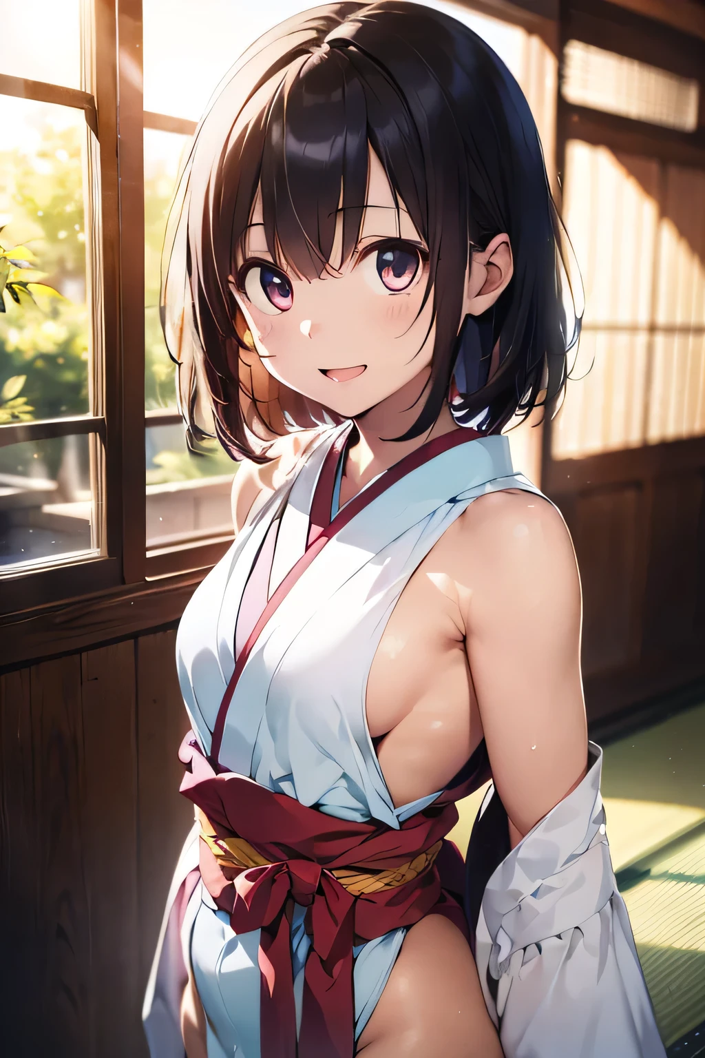 (extremely high quality artwork), (extremely detailed CG 8k), (masterpiece) ,(extremely cute girl), short, (innocent face), ((innocent smile)), shiny hair, (slim body), (small breasts), ((finely detailed beautiful eyes)), (eyes with brightness), look at viewer, ((nsfw)), ((japanese kimonos)), no bra, ((side boob)), (((lower body is completely naked))), (((no panties))), beautiful skin, pale skin, shiny skin, (bright color), vibrant colors, natural light, (glare), ((open mouth)),