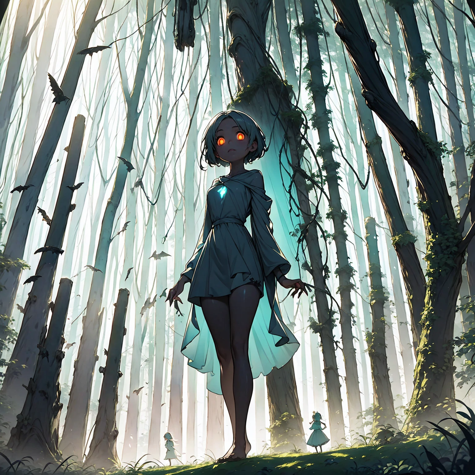 a girl lost in a dark, haunting forest with ghostly apparitions, protected by glowing fairy spirits, with a towering ancient Greek statue with glowing eyes and disembodied souls floating in the air, cinematic dramatic lighting, overwhelming scale, and profound mystery