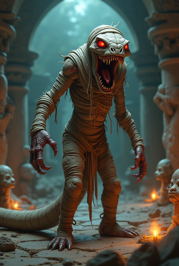 A serpentine humanoid creature with clawed hands, a bloodstained cloak, a tail, a sinister grin, holding a staff in its left hand, highly detailed, 8K, photorealistic, dark fantasy, chiaroscuro lighting, muted color palette, dark and ominous atmosphere, cinematic composition, masterpiece