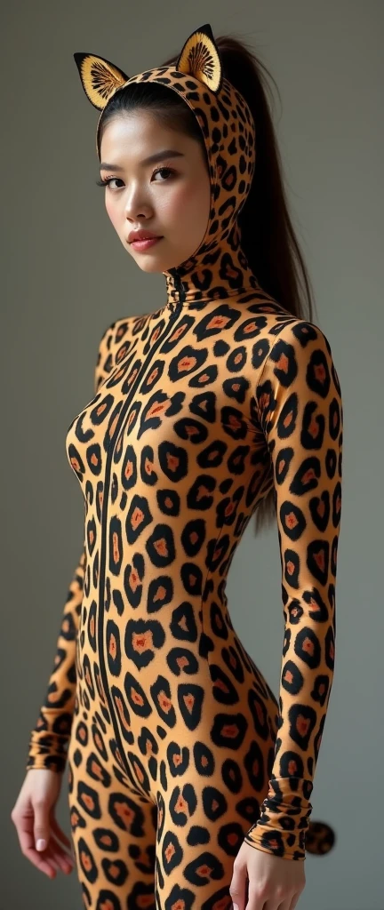 The beautiful Chinese flexible adult girl wearing a black glasses with beautiful cheeks wears clouded leopard print full lycra dancewear turtleneck unitard catsuit.She wears a pair of clouded leopard lycra spandex socks.She always wears clouded leopard print lycra elastane hijab-like zentai hood.