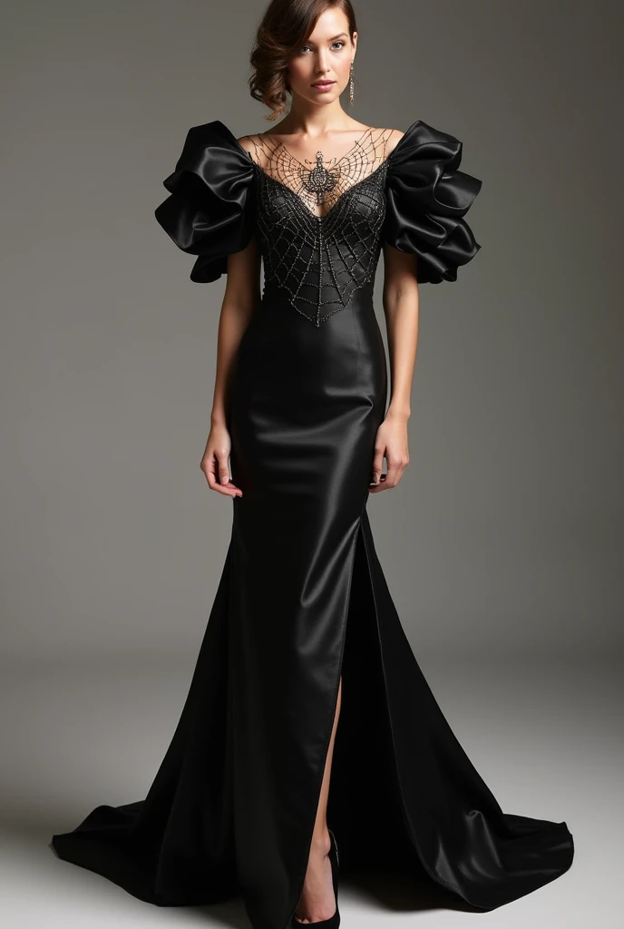 A black shiny dress inspired by Cinderella's corset, long not so fluffy and fluffy sleeves on the arms