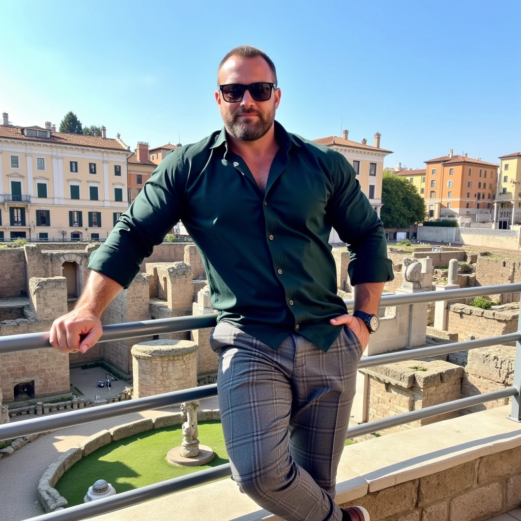 This is a photograph capturing a muscular, with an exaggeratedly huge body with large biceps, triceps, pectorals, and legs middle-aged man standing on a balcony overlooking a historic Roman archaeological site. The man has a short, neatly groomed beard and is wearing a dark green button-up shirt with the sleeves rolled up to his elbows, paired with grey plaid trousers and dark brown shoes. He is also sporting dark sunglasses and a wristwatch on his left wrist. His physique is huge and beefy, with a confident posture.

The background reveals the ruins of ancient Roman structures, including partially exposed stone walls and scattered remnants of columns and statues. The sky above is a clear blue, suggesting a sunny day. In the distance, there are several buildings with pastel-colored facades, adding to the historical ambiance. The foreground shows a metal railing with horizontal bars, and the man is leaning casually against it with his right hand. His left arm is resting on the railing, and he is slightly angled towards the camera, giving a relaxed yet engaged expression. The texture of the stone ruins contrasts with the smooth surfaces of the modern balcony and the man's polished attire, creating a juxtaposition between past and present.