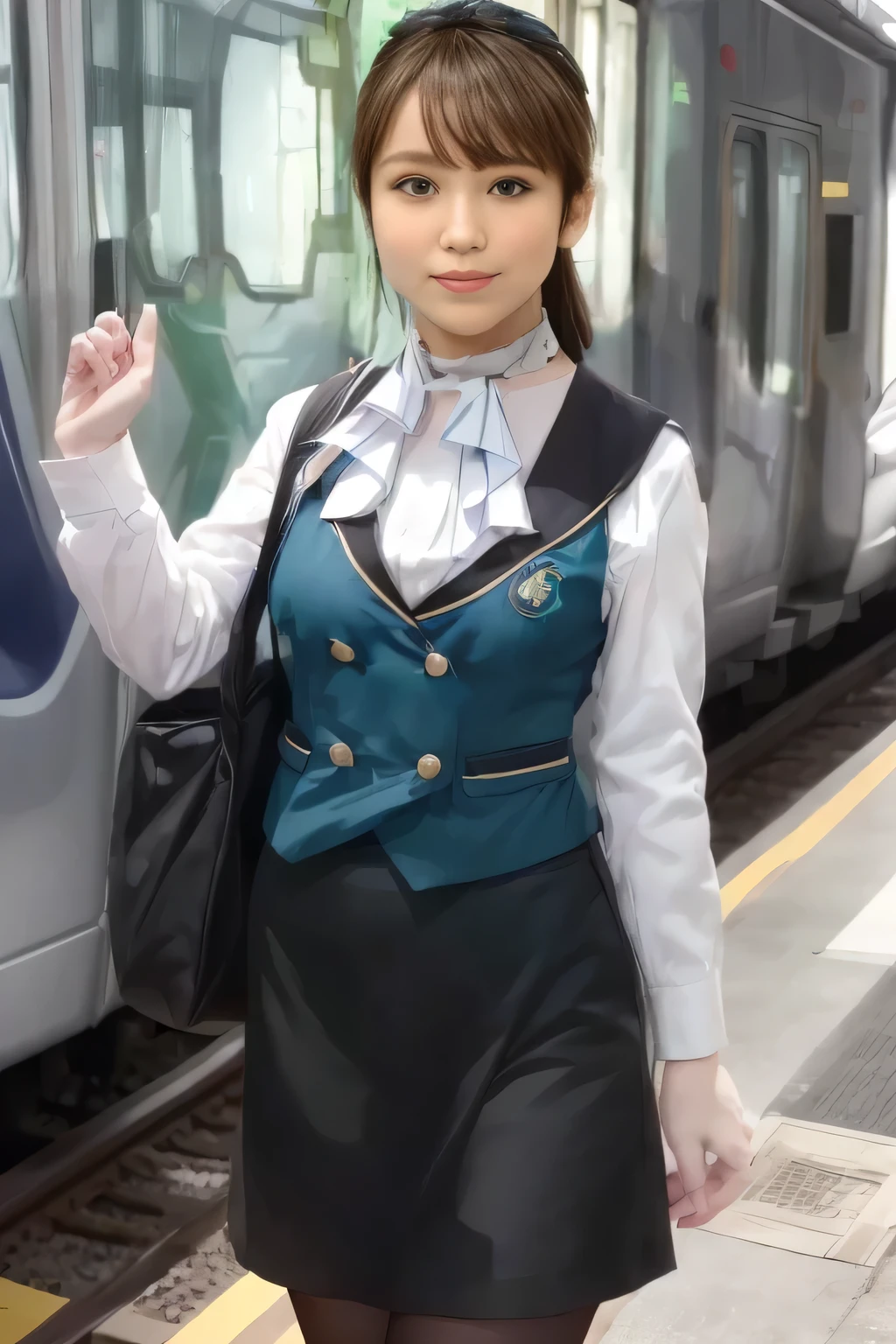 (Masterpiece:1.2,  best quality :1.2), 32kHDR,  kampala, (Alone、  1 girl)、（what 、  professional lights ）、In-flight background、（Nankai Train crew uniformを着たリアルなスタイル）、（（ Nankai Train Crew Uniform Green Vest ））、（（ Nankai Train Crew Uniform Collarless White Long Sleeve Blouse ）） 、（（ Nankai Train Crew Uniform Black Curled Culotte Skirt 、 scarf wrapped around neck ））、  dark brown hair  、（  long hair、 hair gathered、 hair gathered）、  dark brown hair  、  long hit  、Big Breasted 、Thin legs、（（ Amazing hands ：2.0）），（（ harmonious body proportions ：1.5）），（（Normal limbs：2.0）），（（Usually ：2.0）），（（  Delicate Eyes ：2.0）），（（Normal eyes：2.0））)、smile、（Nankai Train crew uniformを着た美しい姿）、Hands crossed underneath 