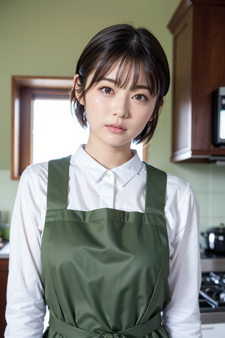 masterpiece,  best quality ,  one woman, (Moss Green、 apron:1.2), Age 25、(RAW 写真 best quality ), (reality, reality的:1.4),  sexy、iris、 Very Detailed Eyes and Face ,  beautiful and detailed nose with the body facing completely, beautiful eyes,  perfect anatomy、 short hair 、bangs、 brunette hair、Droopy eyes、 humble face、Dimly lit kitchen、 light from below、