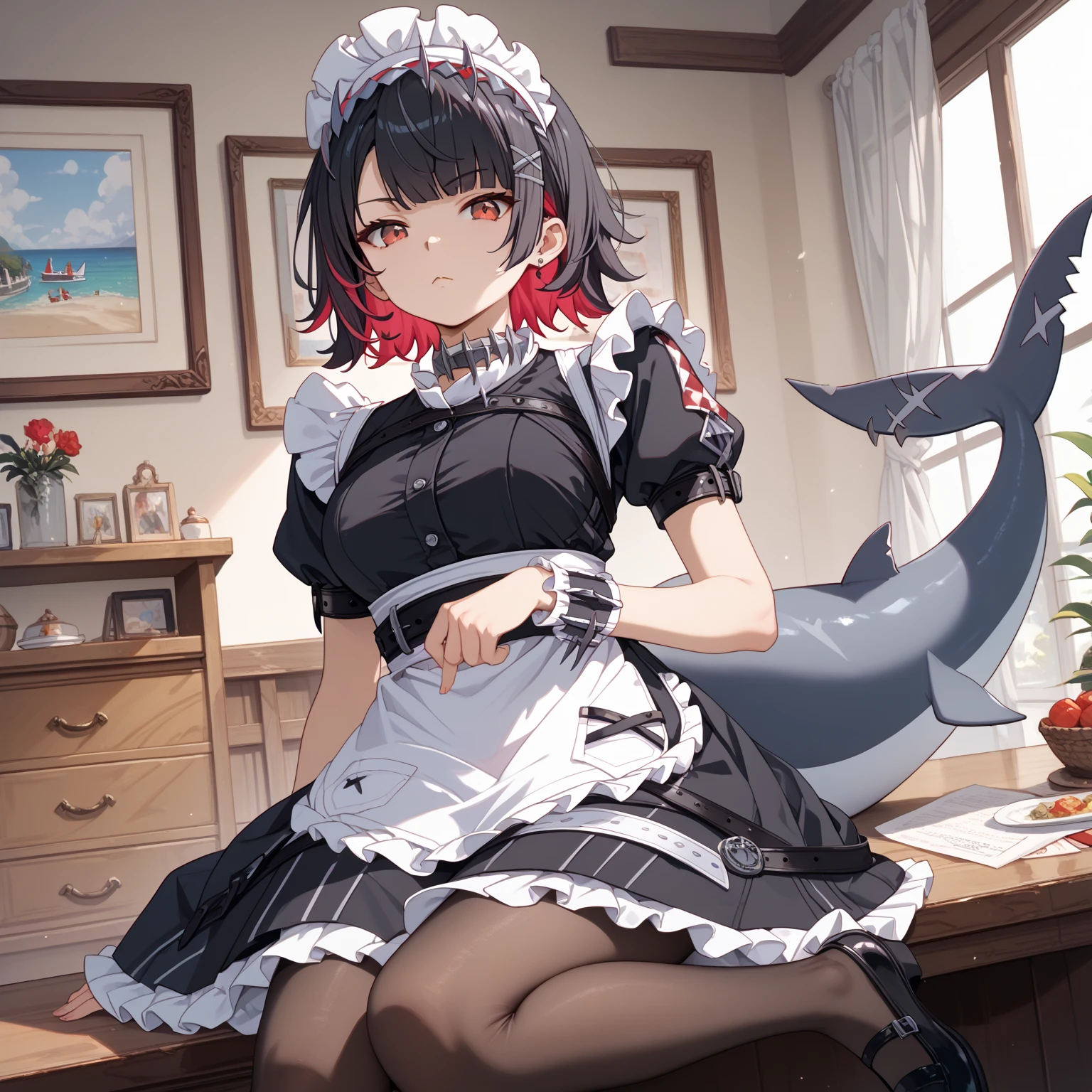 ellen, red eyes, black hair, short hair, colored inner hair, hairclip, ear piercing, fins, shark tail, maid headdress, hair ornament, black dress, puffy short sleeves, choker, frilled dress, high-waist skirt, black pantyhose, wrists cuffs, apron, belt, black footwear, Sit, Room, Displeased face, Beautiful view, good atmosphere