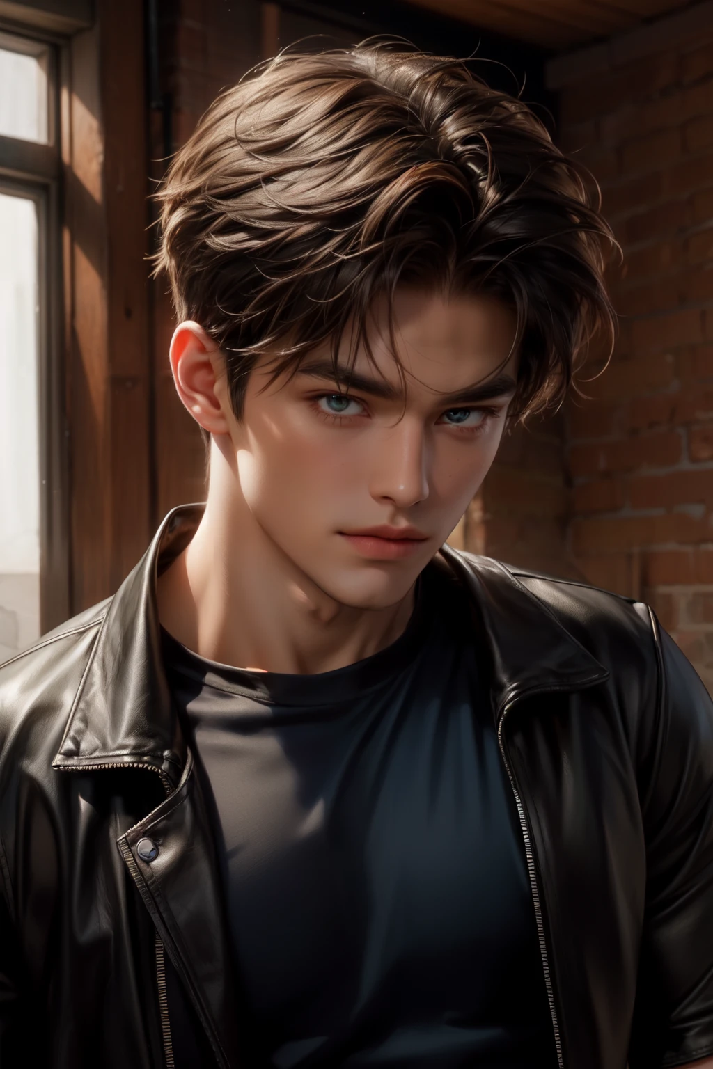 Sadic, 19-year-old boy with blue and feline eyes, pale, handsome, attractive, with a little hair, dark circles under his eyes, wearing dark clothes, jacket, expensive clothes, Seriously, male face, Arrogant