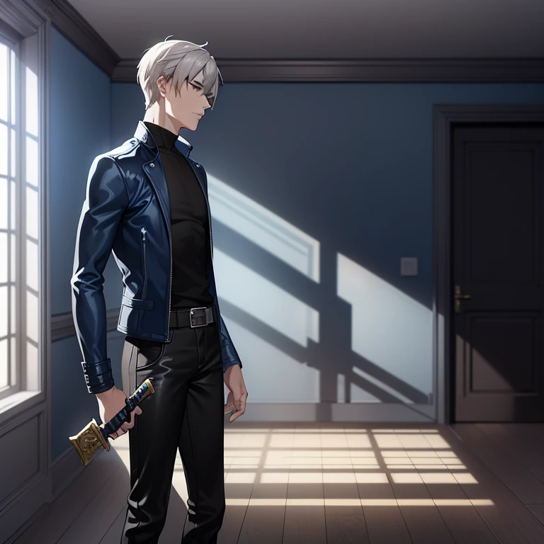 "Man with gray hair and blue eyes ,  wearing a blue leather jacket and black jeans ,  holding a straight sword in his right hand .  he is standing in a deserted room with the sun shining through a window. The room is empty,  calm and neutral vibe ."