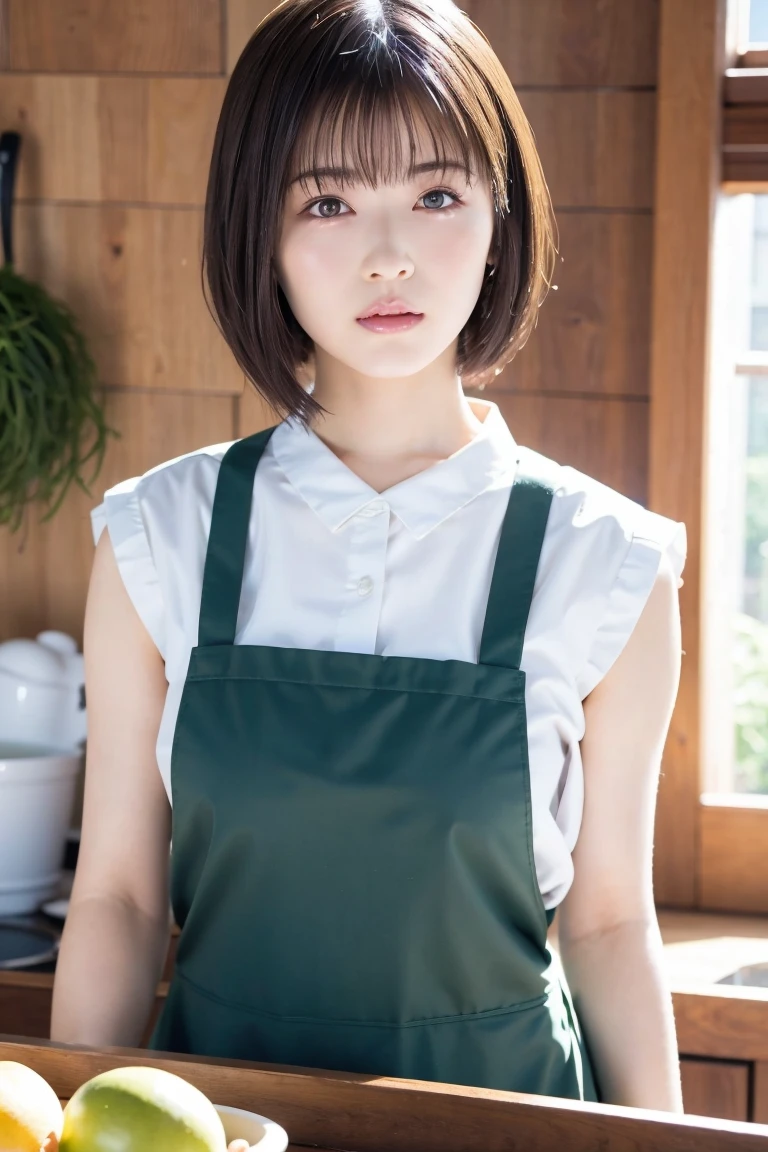 masterpiece,  best quality ,  one woman, (Moss Green、 apron:1.2), Age 25、(RAW 写真 best quality ), (reality, reality的:1.4),  sexy、iris、 Very Detailed Eyes and Face ,  beautiful and detailed nose with the body facing completely, beautiful eyes,  perfect anatomy、 short hair 、bangs、 brunette hair、Droopy eyes、 humble face、Dimly lit kitchen、 light from below、