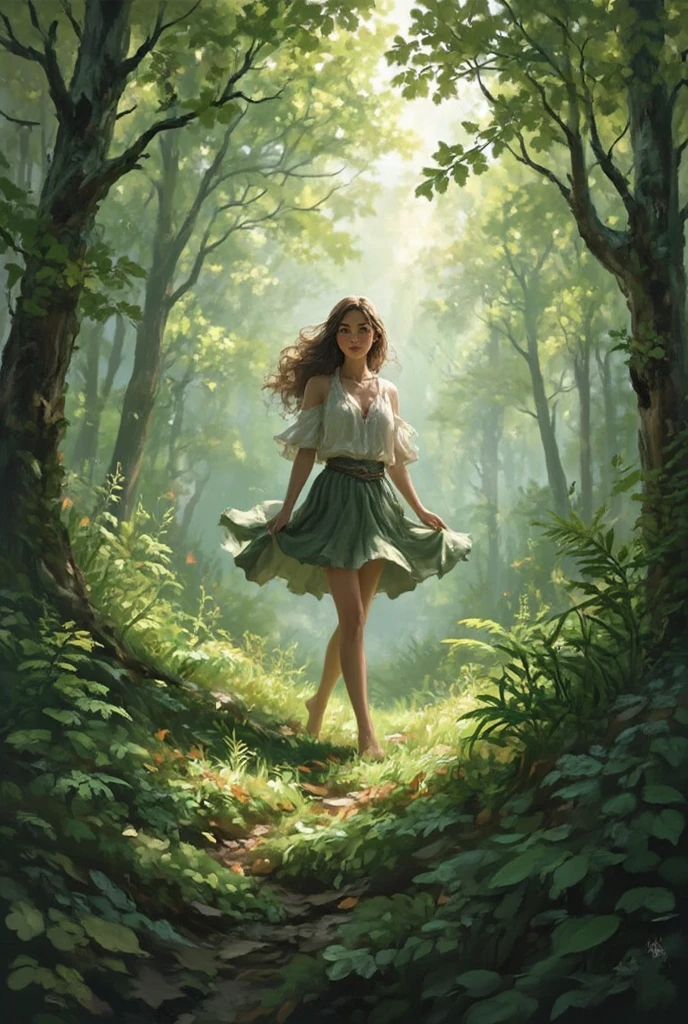 High resolution, (Official Art, beautifully、aesthetic: 1.2), Close-up, A vast world, girl, running, A refreshing smile, Long skirt, Distant Horizon, forest, Natural Beauty, Inspiration, Light effects,she is