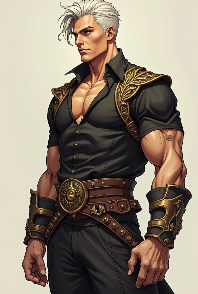 Handsome elderly man, black and gray hair, very short hair, ((crew cut: 1)), golden eyes, fair skin, ((muscular: 1)), man, 50 years old, muscular, in good shape, muscular. no shirt, gold details, baggy gray pants, black and brown belts, black boots, lots of belts, paladin, patriarch, feathers flying in the background.

￼



