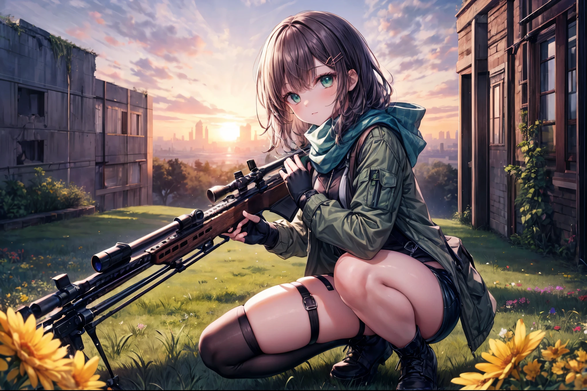 masterpiece, best quality, integrated scenery, integrated background, extremely delicate and beautiful, meticulous details, good composition, , cute face, perfect face, perfect hands, best quality, expressive eyes, perfect face, highres, scarf, fingerless gloves, long sleeves, short shorts,groin, hair ornament, hairclip, green thighhighs, green jacket, thigh strap, field, sunset_ruins_landscape_background, ruined structures, dynamic_posing, looking at the viewer,(covered_navel:0.7), 1large_rifle,carry_large_rifle,kneeling,squatting,little_flowers, (sniper_stance)