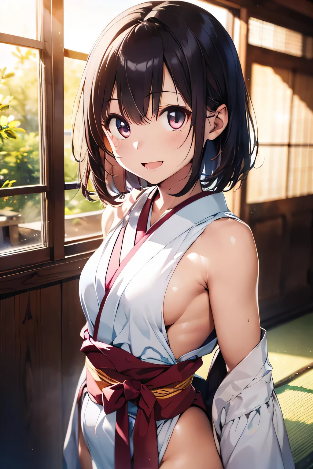 (extremely high quality artwork), (extremely detailed CG 8k), (masterpiece) ,(extremely cute girl), short, (innocent face), ((innocent smile)), shiny hair, (slim body), (small breasts), ((finely detailed beautiful eyes)), (eyes with brightness), look at viewer, ((nsfw)), ((japanese kimonos)), no bra, ((side boob)), (((lower body is completely naked))), (((no panties))), beautiful skin, pale skin, shiny skin, (bright color), vibrant colors, natural light, (glare), ((open mouth)),
