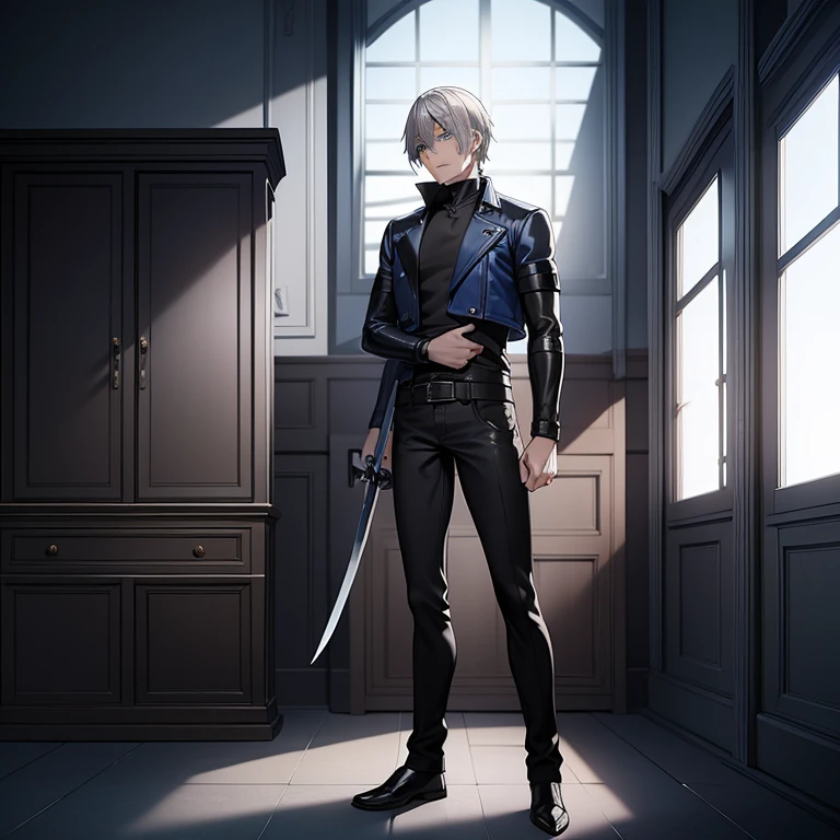 "Man with gray hair and blue eyes ,  wearing a blue leather jacket and black jeans ,  holding a straight sword in his right hand .  he is standing in a deserted room with the sun shining through a window. The room is empty,  calm and neutral vibe ."