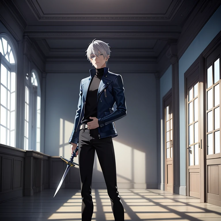 "Man with gray hair and blue eyes ,  wearing a blue leather jacket and black jeans ,  holding a straight sword in his right hand .  he is standing in a deserted room with the sun shining through a window. The room is empty,  calm and neutral vibe ."