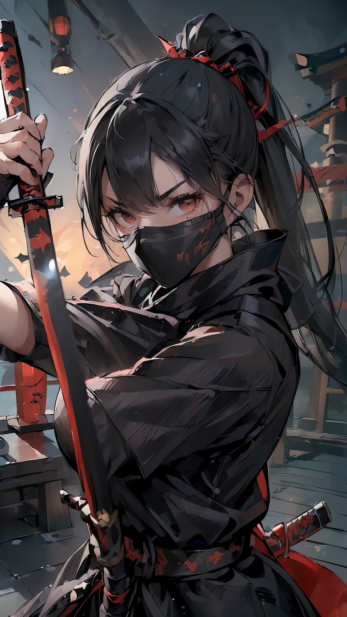 (((Best quality, 8k, Masterpiece: 1.3)), ((best quality)), ((masterpiece)), (detailed), perfect face, black hair, long ponytail, mouth veil, (ninja), female ninja, grim expression, holding a Japanese sword, running in the dark night, ninja costume