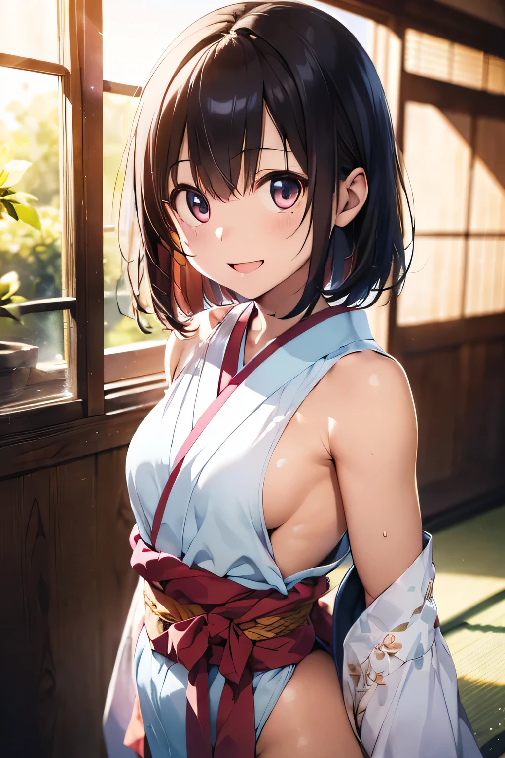 (extremely high quality artwork), (extremely detailed CG 8k), (masterpiece) ,(extremely cute girl), short, (innocent face), ((innocent smile)), shiny hair, (slim body), (small breasts), ((finely detailed beautiful eyes)), (eyes with brightness), look at viewer, ((nsfw)), ((japanese kimonos)), no bra, ((side boob)), (((lower body is completely naked))), (((no panties))), beautiful skin, pale skin, shiny skin, (bright color), vibrant colors, natural light, (glare), ((open mouth)),