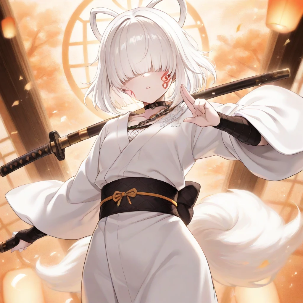 (( hair over eyes)), albino white hair, medium hair, blunt bangs, albino white skin, chain face tattoo, White kimono, kuji-in, cowboy shot, (best quality,4k,8k,highres,masterpiece:1.2),ultra-detailed,intricate details, high fashion, dramatic lighting, warm colors, chiaroscuro