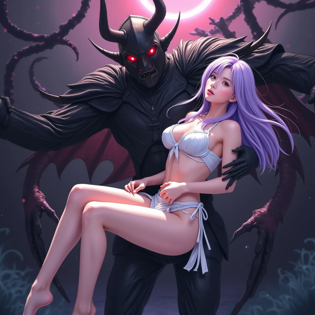 top quality、nsfw、Bondage、Japanese woman in slightly realistic anime style 、torture、  EROTIC 、penalty、  slave、limit、bondage、Sacrifice、Beautiful woman with long light purple hair 1 :5（  messy hair、 lying on the devil's arms1:5）、see-through and sexy white bikini armor(Small chest、Too much exposed skin、Torn and tattered、 off shoulder、sleeveless、 deep v-neck、Sideboob、 belly button out、 high leg )、Woman Who Faints and Closes Her Eyes (Hang your head back、Limp and hang your arms )、 captured by a devil wearing luxurious black armor(Sharp red eyes、 big two horns、big、 hugging a lying woman with both arms 、 Princess Carrie)、 scary black monsters surround the surroundings、Black Sun、 darkness、 Different Worlds 、 dungeon、dark fantasy、Pitch Black Hell