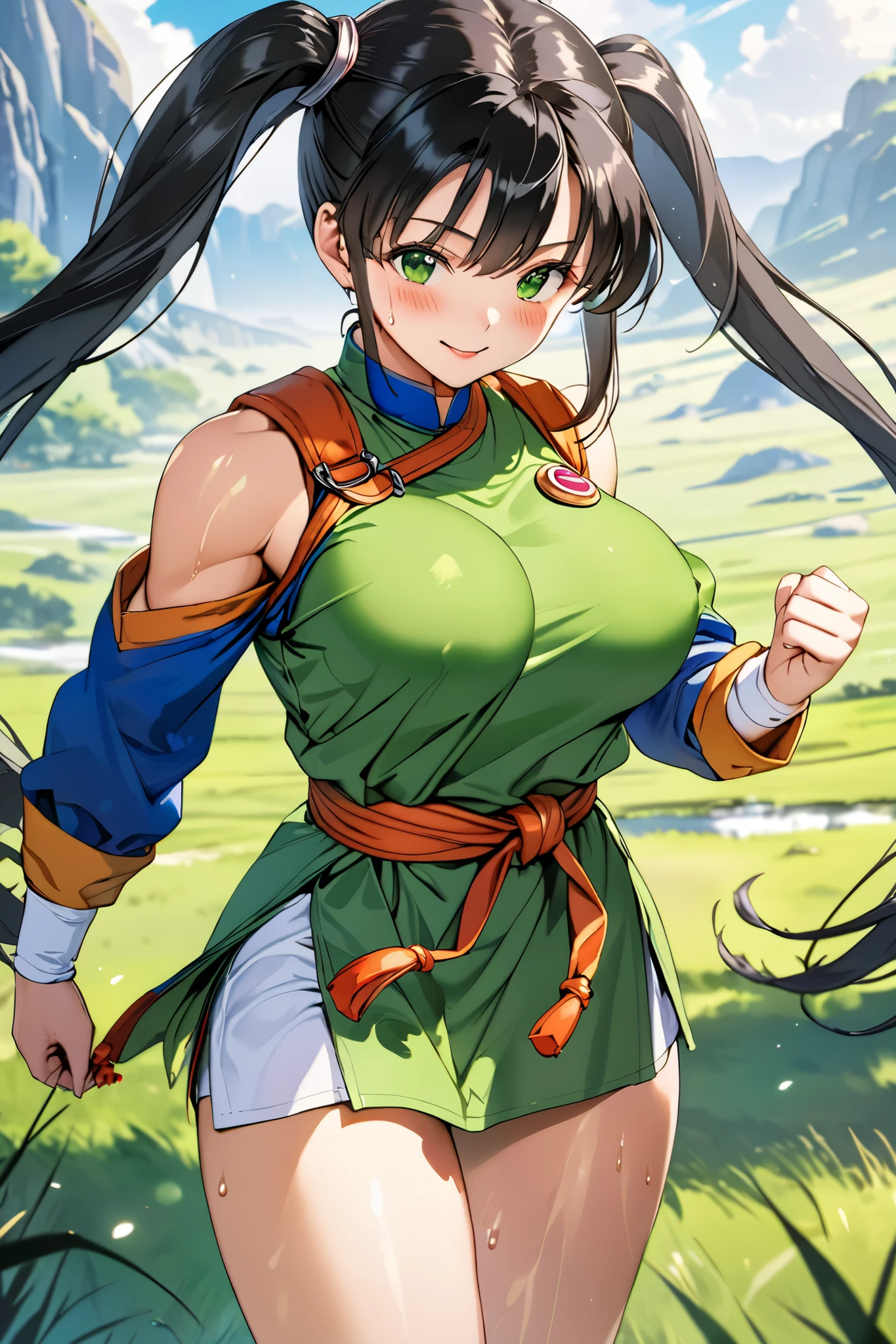 masterpiece, Best Quality, High resolution,16k,official art,super detailed skin,detailed,animated painting,(fighter of dragonquest:1.3),1990s \(style\),(E-cup beautiful breasts)、 (tall:1.2),height: 175cm,Fashion model body type,clevage, Sexy long legs,black hair,twintail hair,(Muscular:1.2),(green Kenpo uniform),1girl,solo,nsfw,sexy,big laugh,shy,blush,Anime-style painting style,Close up on upper body,Cinematic lighting,Superfine,closeup shot,in the grassland,Sweating all over the body,splead legs,morning,closeup