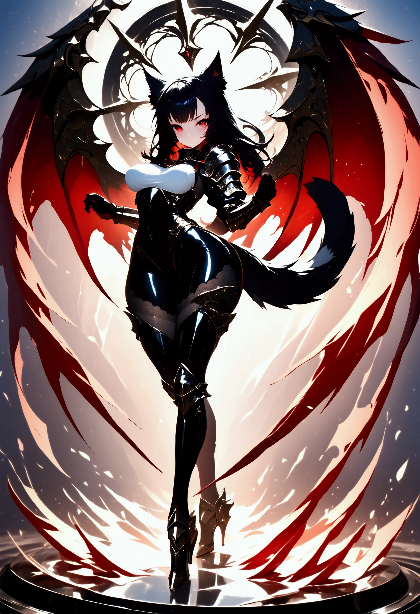 A ***ite cat girl with long black hair and intense fiery red eyes, clad in oversized shining full plate cover entire body plate armor with overlaying holy white cloth, underlayer of black lace tights, armored plate thigh high leggings, armored high heeled boots, armed for combat, cute, armor. long black furred cat tail, long legs, thick firm thighs, wide hips, athletic form, firm ass, full body in frame, wholebody, standing defiantly strong pose.