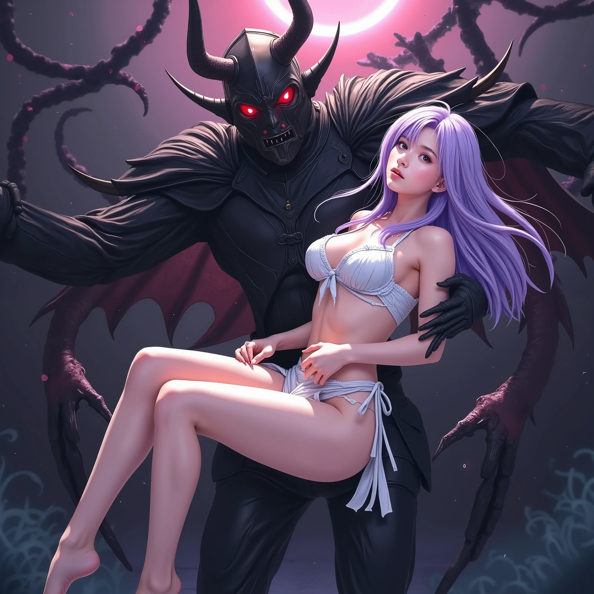 top quality、nsfw、Bondage、Japanese woman in slightly realistic anime style 、torture、  EROTIC 、penalty、  slave、limit、bondage、Sacrifice、Beautiful woman with long light purple hair 1 :5（  messy hair、 lying on the devil's arms1:5）、see-through and sexy white bikini armor(Small chest、Too much exposed skin、Torn and tattered、 off shoulder、sleeveless、 deep v-neck、Sideboob、 belly button out、 high leg )、Woman Who Faints and Closes Her Eyes (Hang your head back、Limp and hang your arms )、 captured by a devil wearing luxurious black armor(Sharp red eyes、 big two horns、big、 hugging a lying woman with both arms 、 Princess Carrie)、 scary black monsters surround the surroundings、Black Sun、 darkness、 Different Worlds 、 dungeon、dark fantasy、Pitch Black Hell