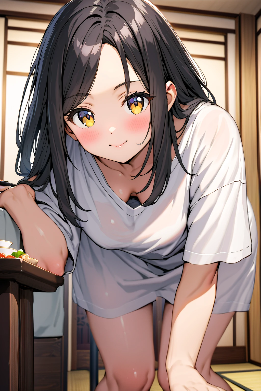 down blouse,oversized shirt,bent over,japanese mature female,medium straight hair,black hair,cute face,japanese dining room,look at viewer,