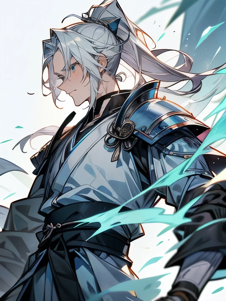 Mature adult man ((masculine and youthful face)) army general, blue eyes, white hair tied in a ponytail, blue armor, sword of the sea god Susano'o, manhua style