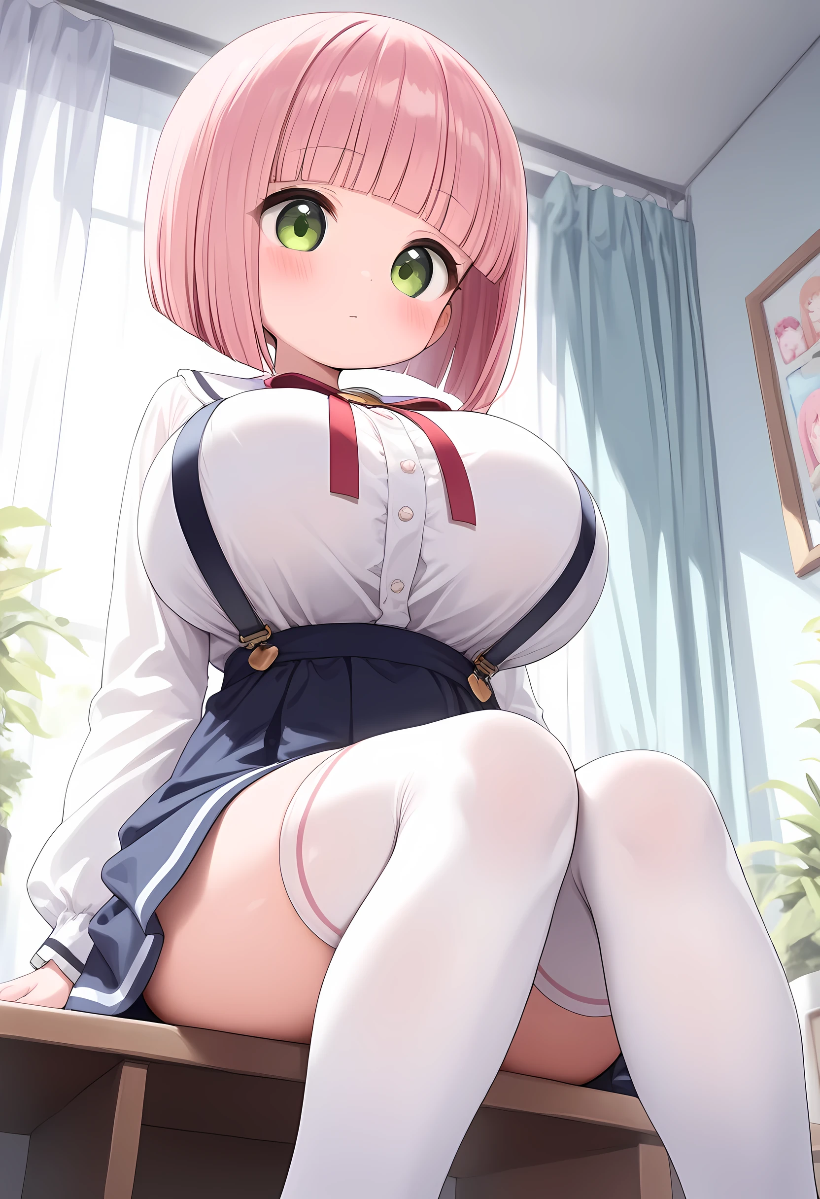 (ultra-detailed), (**li,  cute girl,  ***ite body,  short), ( very big breasts, Big Breasts,  huge breasts :1.1),  big thighs , ( Long Sleeve White Blouse ,  blue suspender skirt, red chest ribbon ,  white knee-high socks ), ( pink hair, blunt bangs ,  bob hair), (Cute green eyes ), **************, (8k, best quality, masterpiece, clear, ultra high res, super detail, accurate, high details,  highres, beautiful face,, beautiful eyes, Detailed eyes)