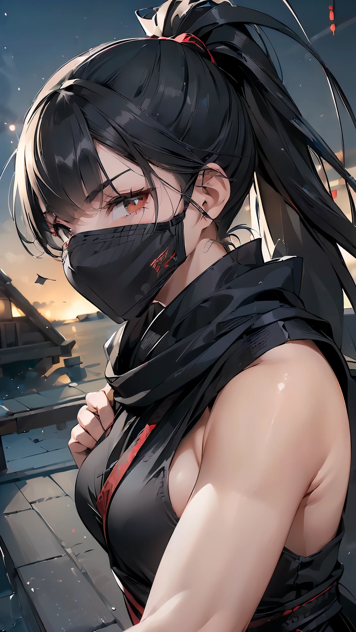 (((Best quality, 8k, Masterpiece: 1.3)), ((best quality)), ((masterpiece)), (detailed), perfect face, black hair, long ponytail, (ninja), female ninja, grim expression, running in the dark night, ninja costume, black cloth