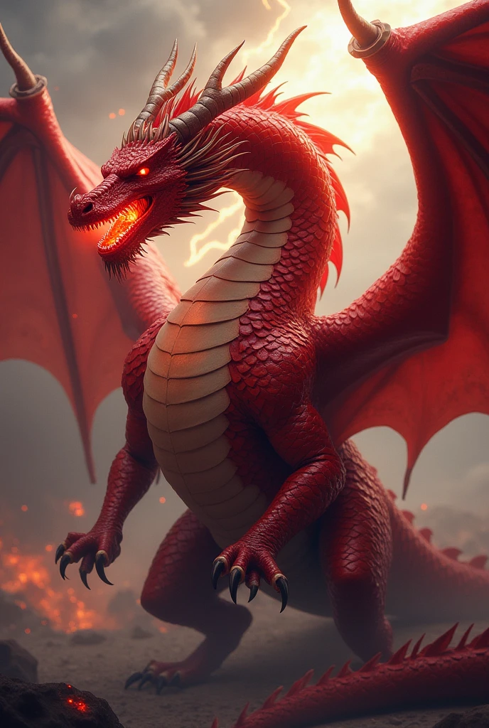 Design a dragon brand logo, primarily in vibrant crimson hue, featuring the two words "Infernus Flame". The emblem depicts a majestic dragon with its wings spread wide, breathing out fierce, sinister-looking flames. A sense of power and fiery passion is conveyed through the fiery backdrop. The dragon's eyes radiate an intense glow, emphasizing its dominance and strength.