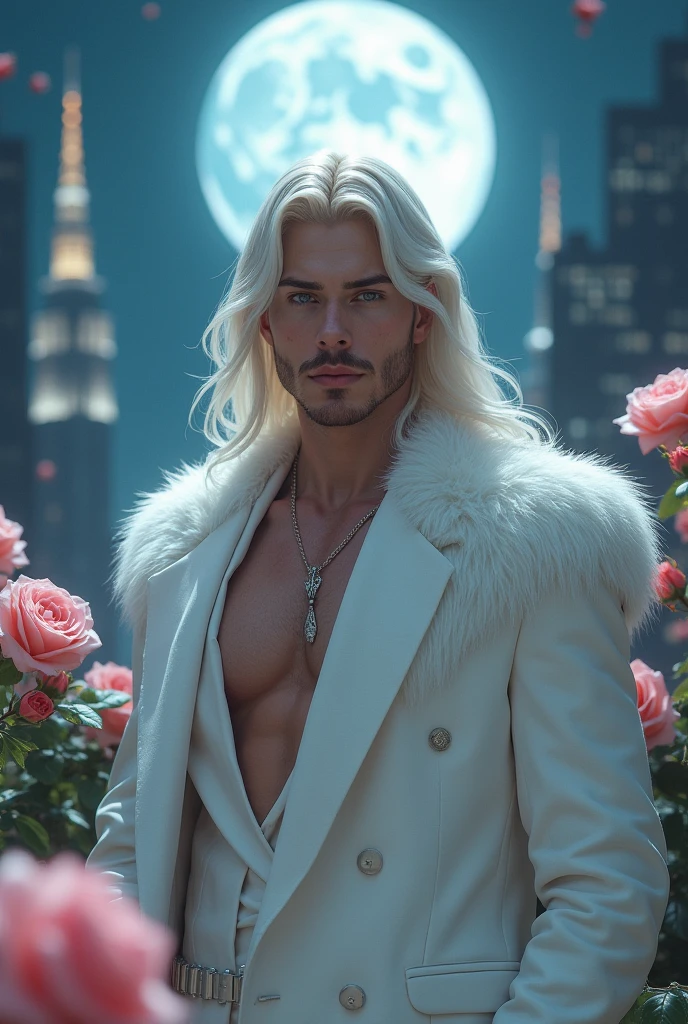 masterpiece, highest quality, (solo focus), (perfect face:1.1), (high detail:1.1),dramatic, 1guy, (pale skin), long white hair, white eyes, [light eyebrows], solo, long hair, moon, night, white luxury suit, covered navel, pouty lips, covered, futuristic city, detailed background, art by artgerm and greg rutkowski, cinematic lighting, roses, fashion, BalenciagaStyle