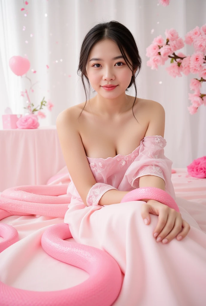 Fashion model 18 years old， [[[[Close-up cleavage]]]], [[[[rapeseed]]]], [[[[bshoulders]]]], perfect  eyes, Perfect iris，perfect lips，perfect teeth，Perfect Skin，with fair skin，HighDynamicRange，Movie Girl，(delicated face)，(Highly defined faces)，(((Pink antique style casual underwear)))，(((obscene exposure)))，(((lace underwear big breasts)))，（(((Ancient Chinese bedroom in the background)))，((sit on a bed))，((legs separated))，(green trees outside the window，flowers blooming)，((A smile of excitement and satisfaction on his face))，((Sexy and charming expression))，((looking at viewert))，4K Ultra HD, 超高分辨率, (realistically: 1.4), Best quality at best，tmasterpiece，（pastel colour：1.2)