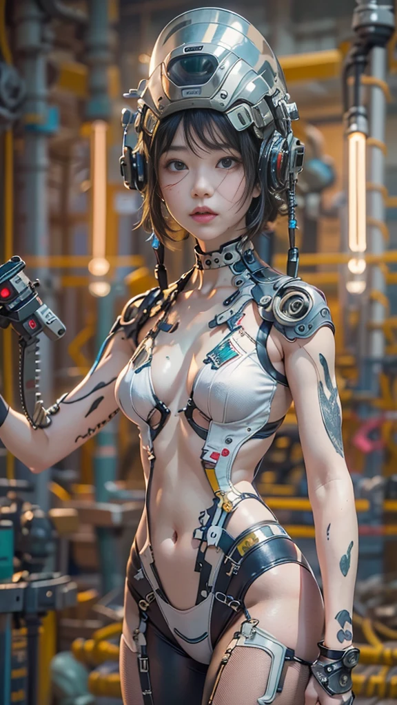 1 Mechanical Girl,((Ultra realistic details)), portrait, global illumination, Shadow, octane rendering, 8k, super sharp,Metal,Complex, ornaments, cool colors, egypt details, highly Complex details, realistic light, Trending on CGsociety, shining eyes, Face-to-face camera, neon details, mechanical limbs,blood vessels connected to tubes,mechanical vertebrae attached to the back,Mechanical cervical vertebrae attached to the neck,sitting,Wires and cables connecting to the head