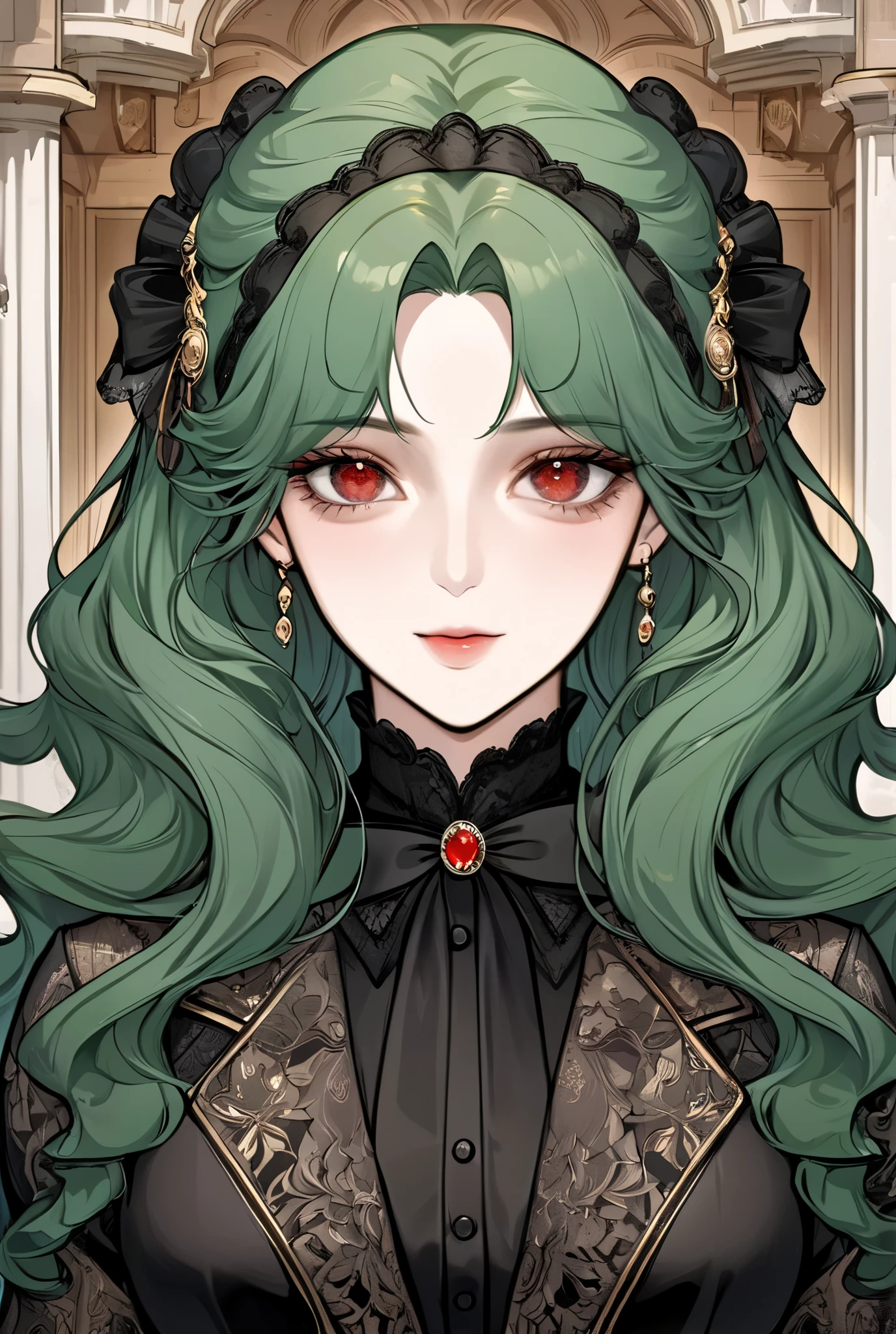(extreamly delicate and beautiful:1.2), 8K,(masterpiece:1.0),(best_quality:1.0), 1 girl, and intricate detailing, Enlarged textures, and intricate detailing, finely eye and detailed face, and intricate detailing, green long curl hair, (sweet smiley), Perfect eyes, Equal eyes, red eyes (A famale god) with black victorian lady manhwa dress, look at camera, green long HAIR, Red EYES, green long HAIR, red EYES, Full body, mansion fantasy background, black victorian lady manhwa dress, s ago, perfect body, mansion fantasy background, hairpin