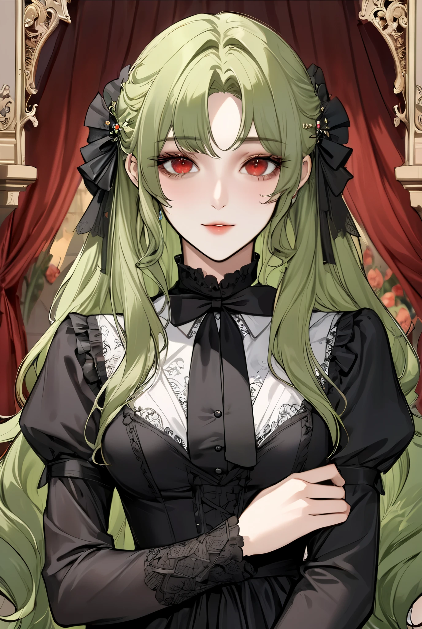 Anime - style image of a woman with long green hair and a black dress ...