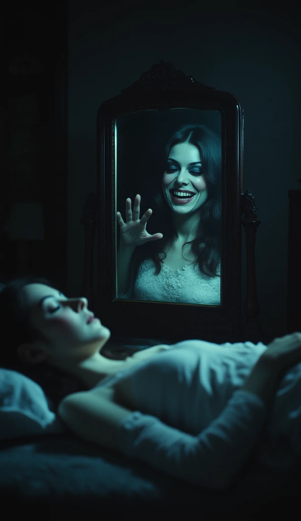 4. The Reflection Watching Her Sleep
Prompt: "A woman sleeping peacefully in a dark bedroom, her face lit faintly by moonlight. In the mirror on her dresser, her reflection stares wide-eyed at her, with a creepy, unnatural grin. The reflection’s hand is pressed against the glass as if trying to escape."