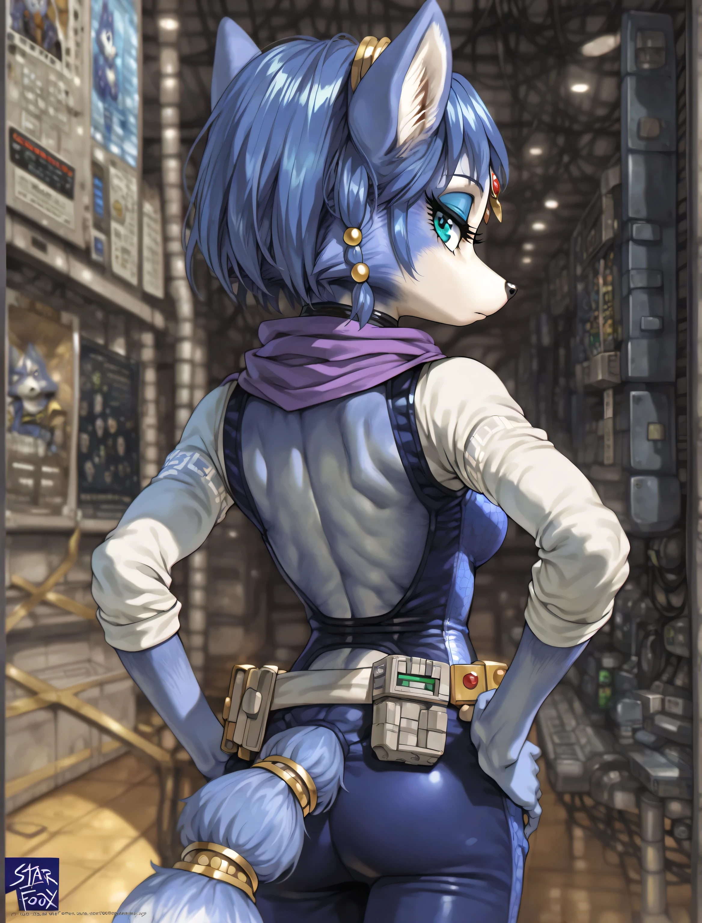 ((Krystal)), ((Starfox)), ((masterpiece)), ((high resolution)), ((cartoon style)), ((solo portrait)) ((back view)), {(attractive figure), (toned body), (slim waist), (hip dips), (blue fur), (black nose), (pointed fox ears), (fox tail), (gold tail rings), (blue hair), (hair beads), (turquoise eyes), (half lidded eyes), (blue eyeshadow), (long eyelashes), (calm look)}, {(navy blue jumpsuit), (white sleeves), (purple scarf), (utility belt)}, {(looking back at viewer)}, ((military base))