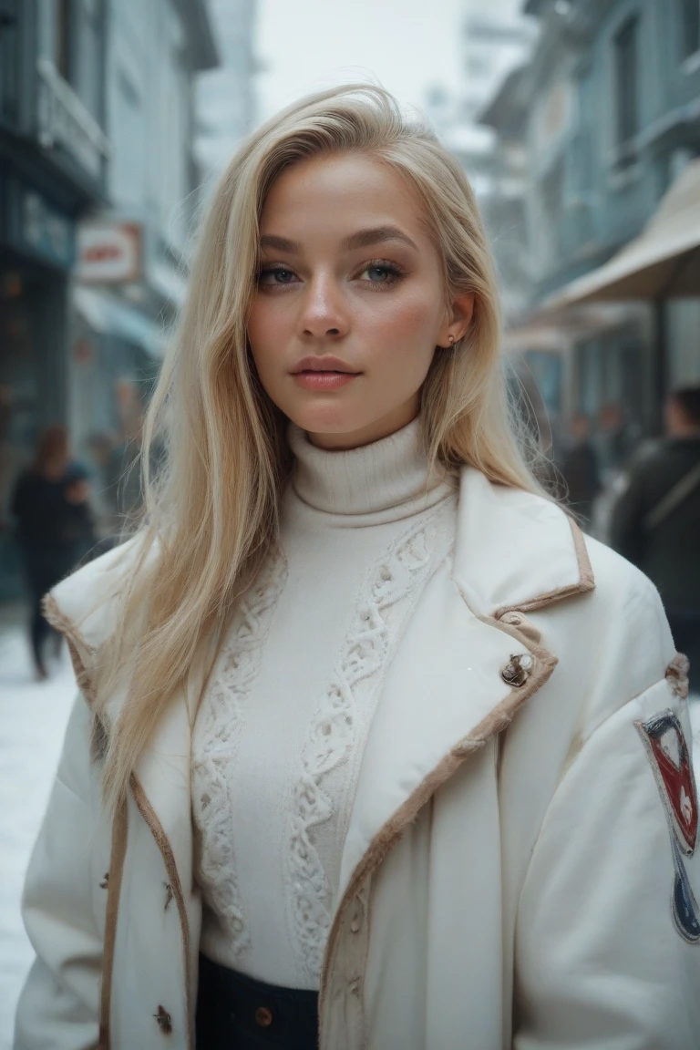 Girl ,  blonde ,  long hair, playing snowballs in a white coat