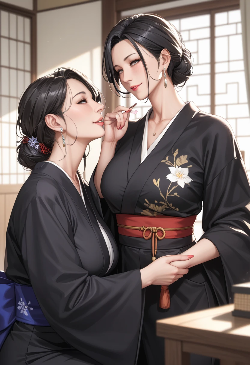 A beautiful widow, an evil MILF, a black kimono, mourning clothes, very short, undercut, brown hair, dark red lips, looking at us, evil smile, from below,