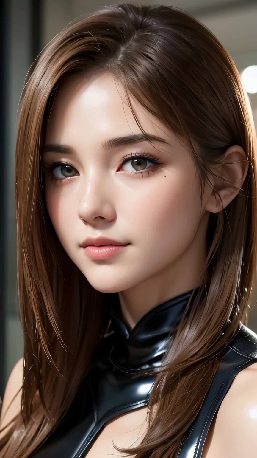 (original character、unity 16k wallpaper, masterpiece, Highest quality, Ultra-detailed, Extremely detailed CG, Caustics, Cinema Lighting, detailed, Beautiful detailed Eyes, alone), 超High resolution, Fine skin, (Compensate,eyeliner,eye shadow:1.1,Sunburned skin,mascara,curve:1.2,On the chest:1.2,Small breasts), (Strong light)、Oily skin,city,smile, Brown Hair Color, Casual clothing,vivid, from the front:1.2、gal、Latex bodysuit、Knee-high boots、Huge 、Long brown hair、Shiny, Oily skin、Glowing Skin、Indoor competition pool、White skin、flying debris, Highest quality, Realistic, Very detailed, finely, High resolution, 8K Dende Wallpaper, One beautiful woman,, Light brown messy hair, Wear a business suit, Sharp focus, Perfect dynamic composition, Beautiful and detailed, Detailed hair, Detailed Realistic skin texture, smile, Close-up portrait, Model body type