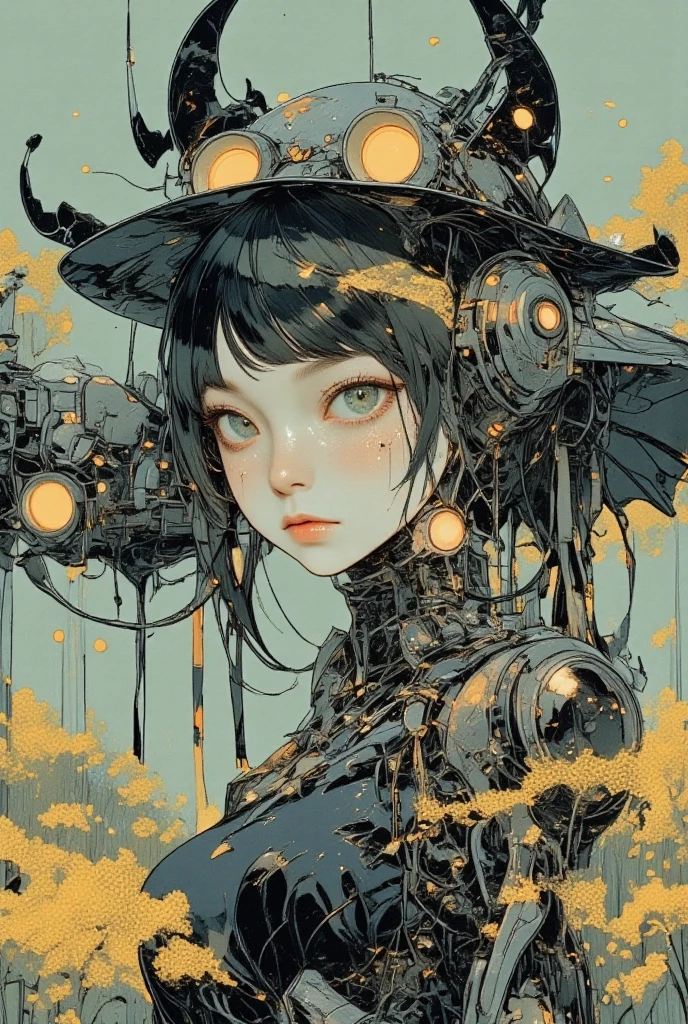  There is a picture of a neutral person wearing a bat hat, Illustration by Momoko Shinoda , surrealism, style of hajime Empty Mountain,  graphic details , Empty Mountain. occult art , hajime Empty Mountain designed girl, shohei otomo,  very very unrealistic , Virgil Finlay's style, Asymmetric! Cyborg Portrait ,ゴシックホラーoccult art 